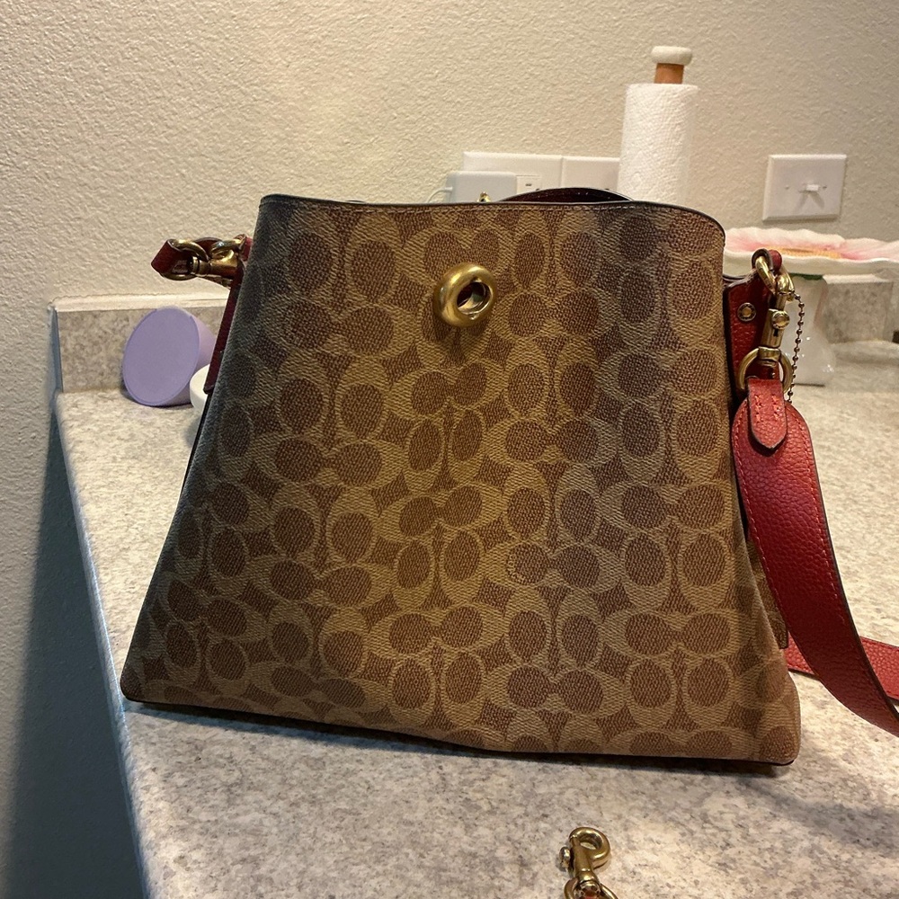 Coach Brown and Red Signature Shoulder Bag